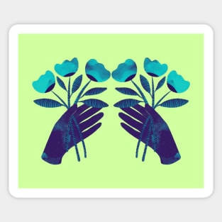 Dark purple blue hand with turquoise flowers for you on color Sticker